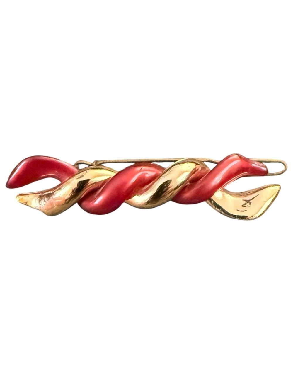 Vintage French Barrette in Gold & Red, Twisted Design, 2.5”, Deadstock